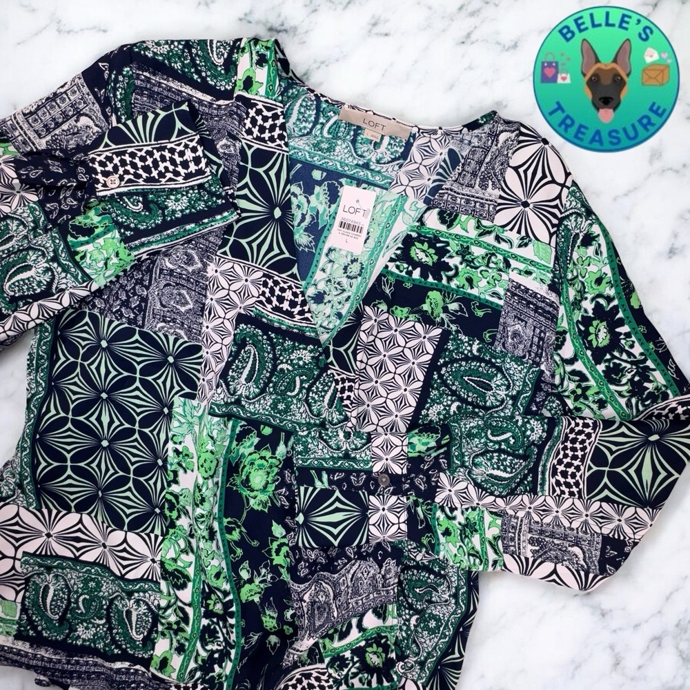 Loft Shirt Women's Large Blue White Patchwork Paisley Long Sleeve Wrap Blouse